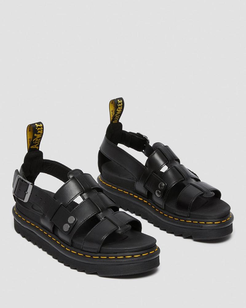 Black Men's Dr Martens Terry Leather Strap Sandals | CA 642XYU